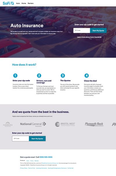 SoFi auto insurance page for MyLifeProtected